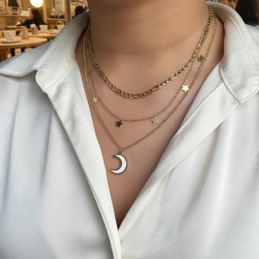 Collier Multirang – Lune Nacrée & Étoiles Dorées