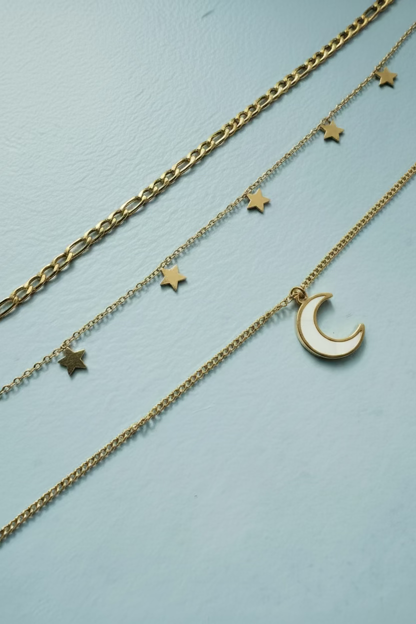 Collier Multirang – Lune Nacrée & Étoiles Dorées